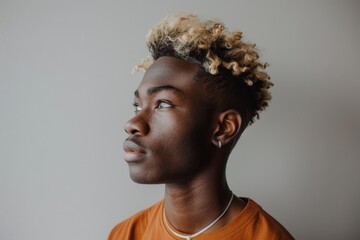 Obraz premium Portrait of a young African American man with stylish blonde hair, wearing a leather jacket against a plain background.