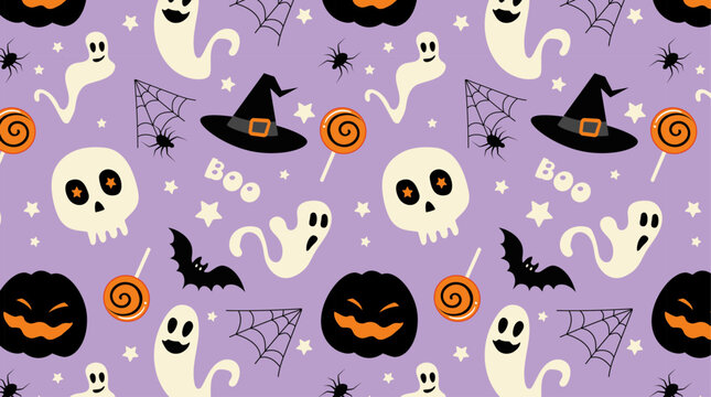Seamless pattern halloween with ghost, bat, which hat, candy, spider and pumpkin, decor for  backgrounds, packaging, clothing, banner, cover, textile, fabric, vector
