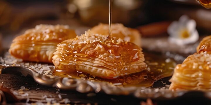 Close up of traditional almond briouats with honey coating and cinnamon orange flower water filling
