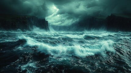 Fototapeta premium A vast expanse of water with waves colliding against a jagged coastline amidst an overcast sky