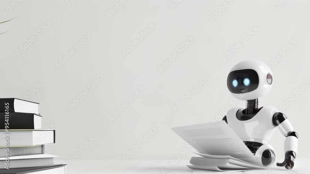 Poster small educational robot reading documents in a minimalist setting, symbolizing the future of ai in e