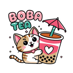 cute cat holding boba tea vector art