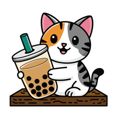 cute cat holding boba tea vector art