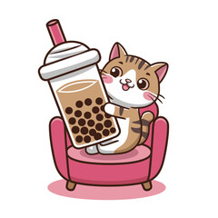 cute cat holding boba tea vector art
