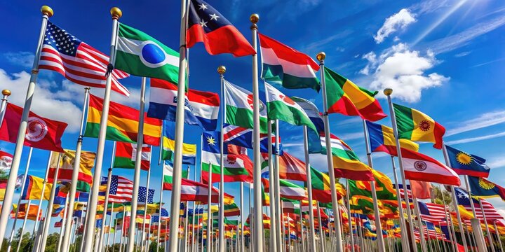 Global Unity And Diversity Are Displayed In A Vibrant Arrangement Of Colorful Flags Representing Nations From Around The World.