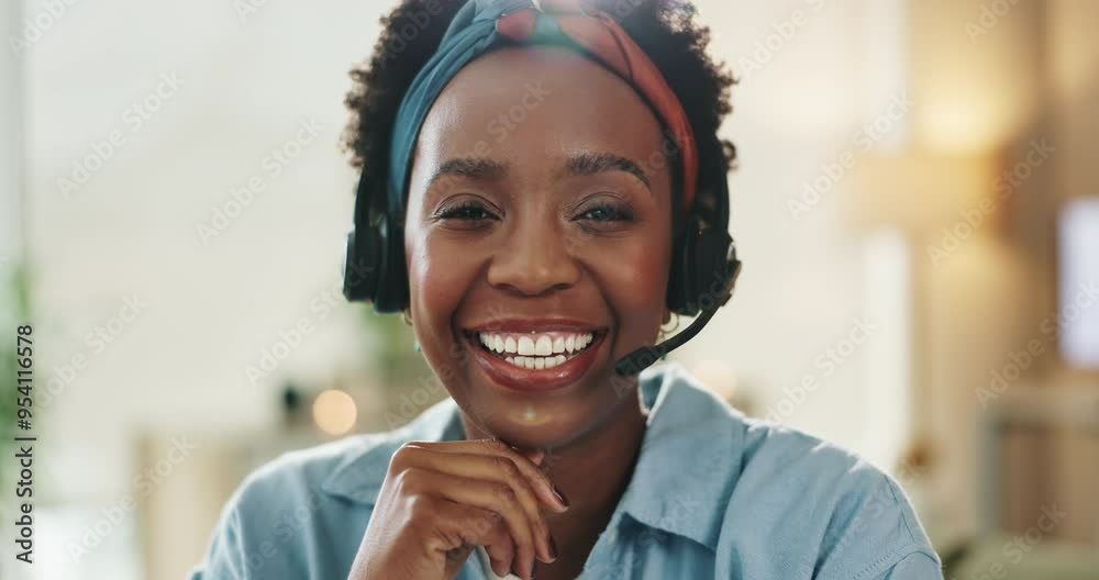 Poster Remote work, happy and black woman with headset for portrait, contact and career opportunity. Virtual assistant, face and smile in home for telecommunication, online profession and sales in Jamaica