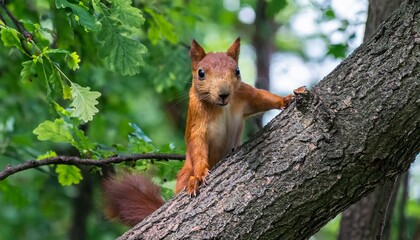 A squirrel searches for acorns and climbs up a tree.