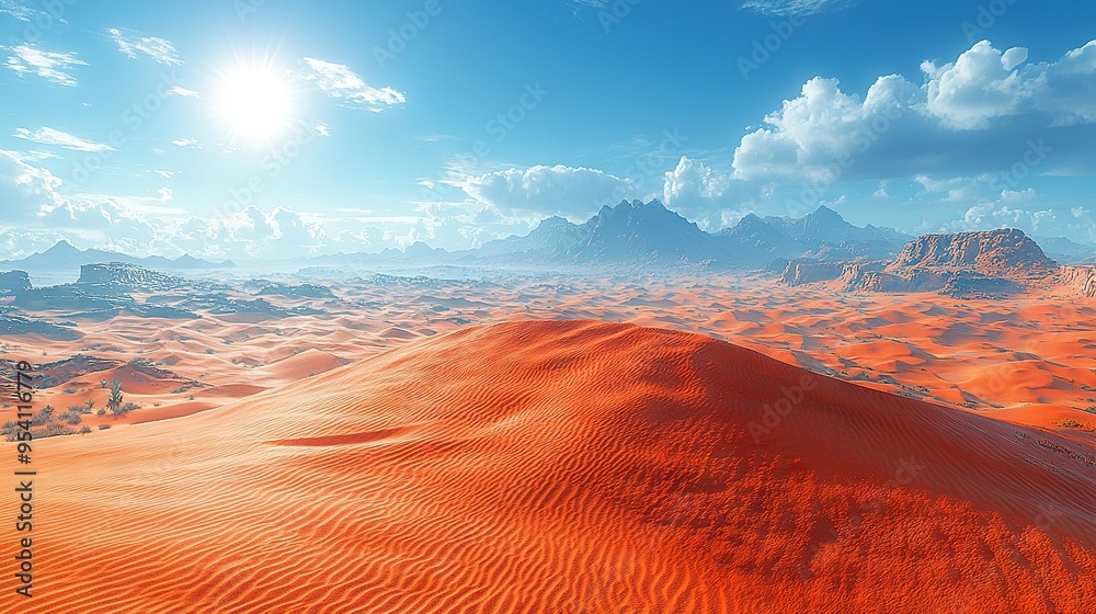 Wall mural sand dunes and mountains in a desert landscape, framed by a bright blue sky with cloudy background