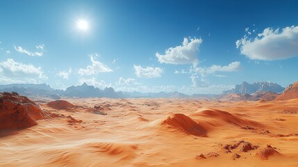Fototapeta premium Desert landscape with rocks and sand beneath a blue sky, featuring a sun directly overhead and scattered clouds