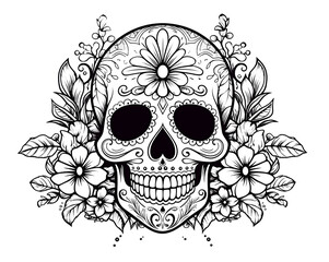 A detailed sugar skull adorned with flowers and intricate patterns. Day of the Dead coloring book page line art illustration.