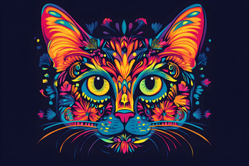 A vibrant and colorful illustration of a cat surrounded by intricate floral designs showcasing artistic creativity and imagination. Day of the Dead cat art.