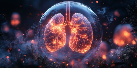 Obraz premium Holographic lungs in a glass sphere on a blue background. The medical concept of health protection