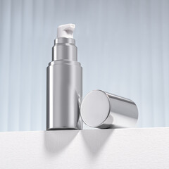 chrome cosmetic tube with dispenser for cream, for liquid