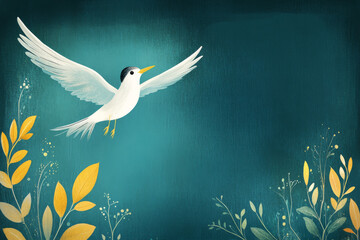 Obraz premium Minimalist Common Tern white bird soaring gracefully against a dark teal background, surrounded by soft yellow and green foliage. The scene exudes a serene, almost ethereal atmosphere.