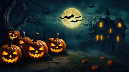 Halloween Pumpkins with different facial expressions glowing in the dark at Haunted house