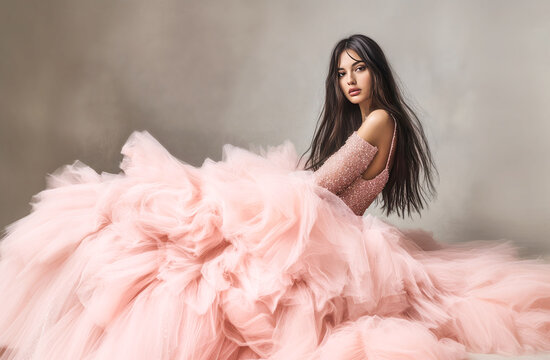 Elegant woman in a luxurious pink tulle gown sitting gracefully, showcasing glamour, fashion, and sophistication with a dreamy expression