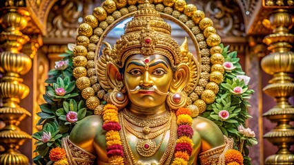 Obraz premium Golden idol of Hindu deity Hanuman, adorned with garlands and ornaments, sits in a serene temple setting surrounded
