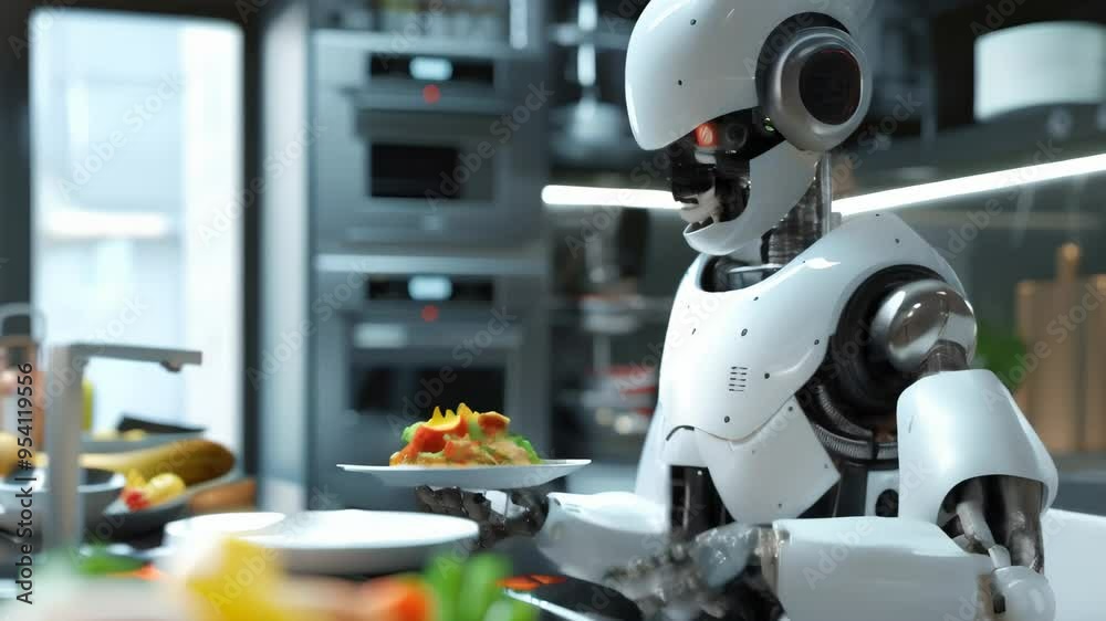 Poster robot chef preparing a dish in a modern kitchen. advanced technology in culinary arts highlighting a