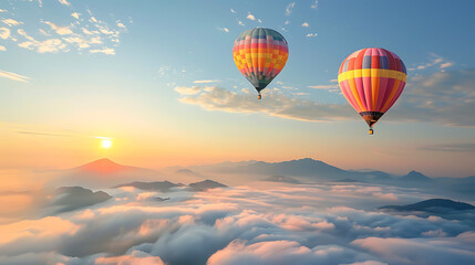 Fototapeta premium a beautiful landscape during either sunrise or sunset. Two colorful hot air balloons float gracefully in the sky above a blanket of clouds