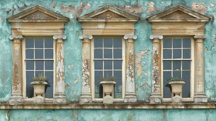 Three Windows with Stone Pillars on a Weathered Building