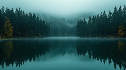  In the heart of a dense foggy forest lies a tranquil body of water encircled by towering pine trees