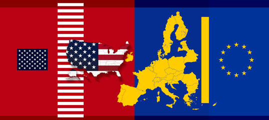 outline states-borders map as creative abstract background as the flag of the United States of America, stars and stripes combined with the design as the flag of the European Union, Europe, EU, diplom