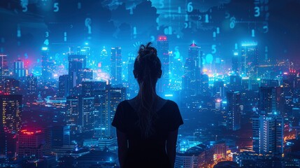Woman looking at a futuristic cityscape with glowing lights and digital data