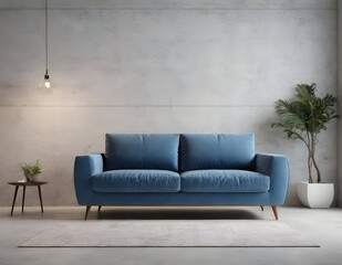 Fototapeta premium Modern living room with blue sofa, floor lamp, and potted plant in minimalistic design natural light