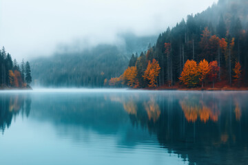 Tranquility of nature camping by a serene lake surrounded by autumn trees in early morning mist