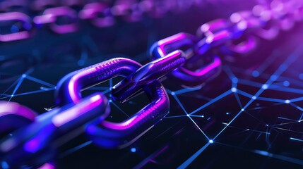 A close-up of a shiny, purple chain link on a dark background with a glowing abstract network.