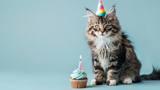 A cute cat wearing a colorful party hat celebrates with a delicious cupcake. This playful scene captures joy and fun. Ideal for birthday celebrations and pet lovers. AI - Powered by Adobe