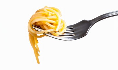A close-up of a fork holding a delicious serving of spaghetti. The golden noodles are tangled artistically. This image captures the essence of Italian cuisine. Perfect for food lovers. AI
