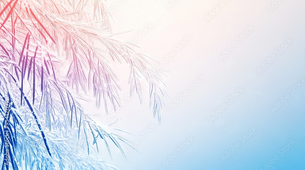 Wall mural a close-up of a frosty tree branch on a blue-pink background with a sky in the backdrop