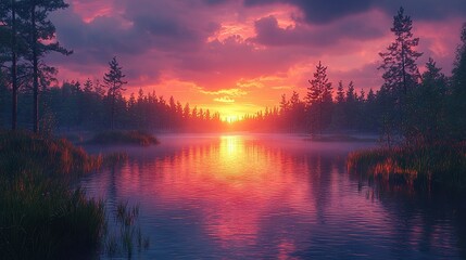 Fototapeta premium Lake with trees in fg, foggy sky in bg as sun sets