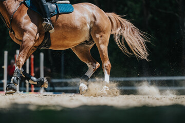 Close-up shot capturing the dynamic movement of a horse's legs during an equestrian event with a...