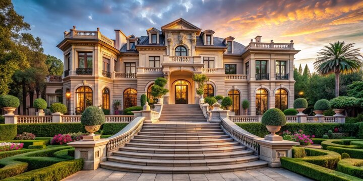 Grandiose stone fa&ccedil;ade of a luxurious mansion with sprawling gardens, sweeping staircases, and elegant architecture,