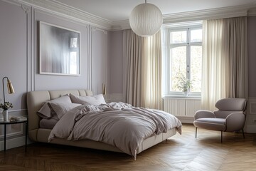Fototapeta premium Simple lilac room with wooden floor, light curtains, muted bed, and pendant light.