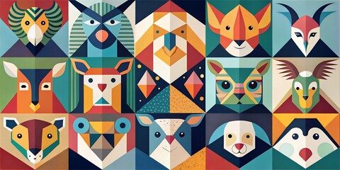 Geometric Animal Icons Vibrant Colorful Patterned Background for Modern Wildlife Design