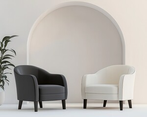 Minimalist 3D setting featuring two chairs in charcoal and ivory, simple background.