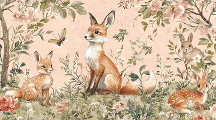 Fototapeta premium Fox and Fawns in a Flower Field with Butterfly Background