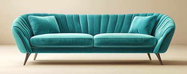Turquoise blue artistic sofa, showcasing modern curves and a vibrant color on a neutral backdrop.