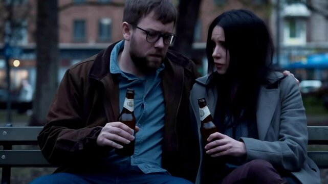 People with a harmful addiction destroy their health because of their inability to give up beer and alcohol. A man and a woman feel addicted and lead an antisocial lifestyle, use alcohol and tobacco.
