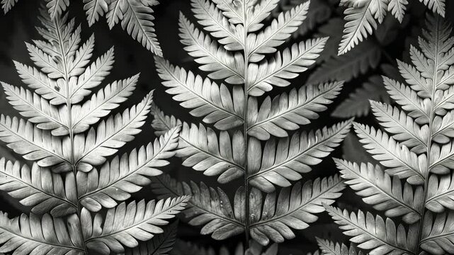 Close-up of symmetrical fern leaves in grayscale, nature pattern concept