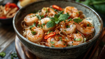Fototapeta premium Spicy Shrimp Noodle Salad with Fresh Herbs and Peanuts