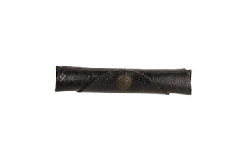 black embossed leather case with bronze trim for pen or fountain pen, closed png