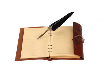 notebook or diary bound in leather or leather with butterfly drawings, open with rings and floating...