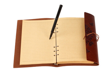 notebook or diary bound in leather or leather with butterfly drawings, open with rings and floating pen, papyrus sheets, old recycled paper, white or transparent background, with space for text,