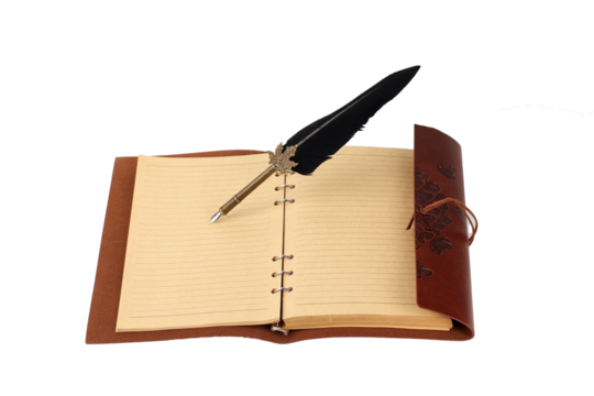 notebook or diary bound in leather or leather with butterfly drawings, open with rings and floating pen, papyrus sheets, old recycled paper, white or transparent background, with space for text, - Powered by Adobe