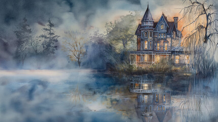 Victorian haunted house on a Foggy Lake in Dreamy Twilight