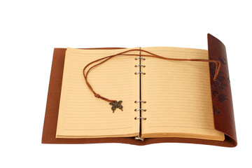 leather or leather-bound notebook or diary, close-up view of diner open with rings and pen floating, sheets of old recycled paper, white or transparent background, with space for text,